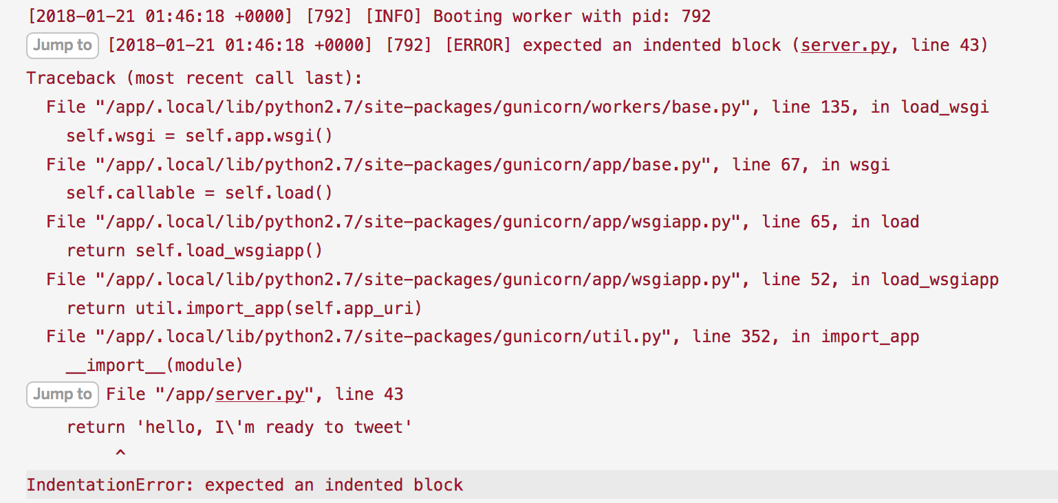 Screen capture of Glitch activity log showing indentation error